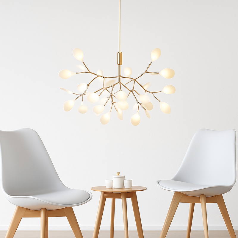 Illuminated LED tree shaped pendant suspended above a modern dining table