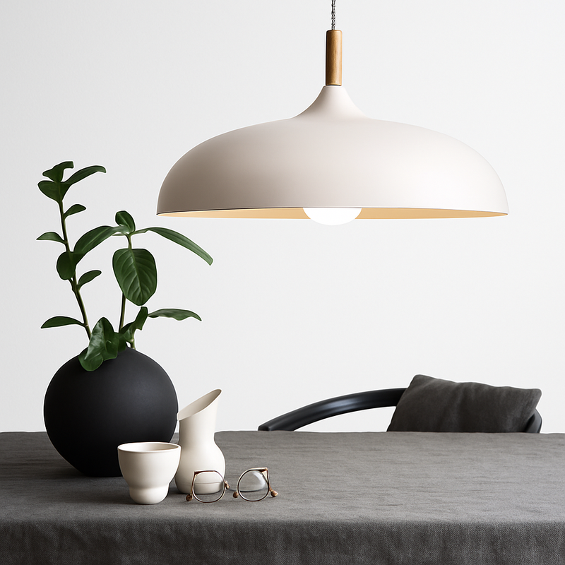 Colored aluminum pendant light with wooden stem