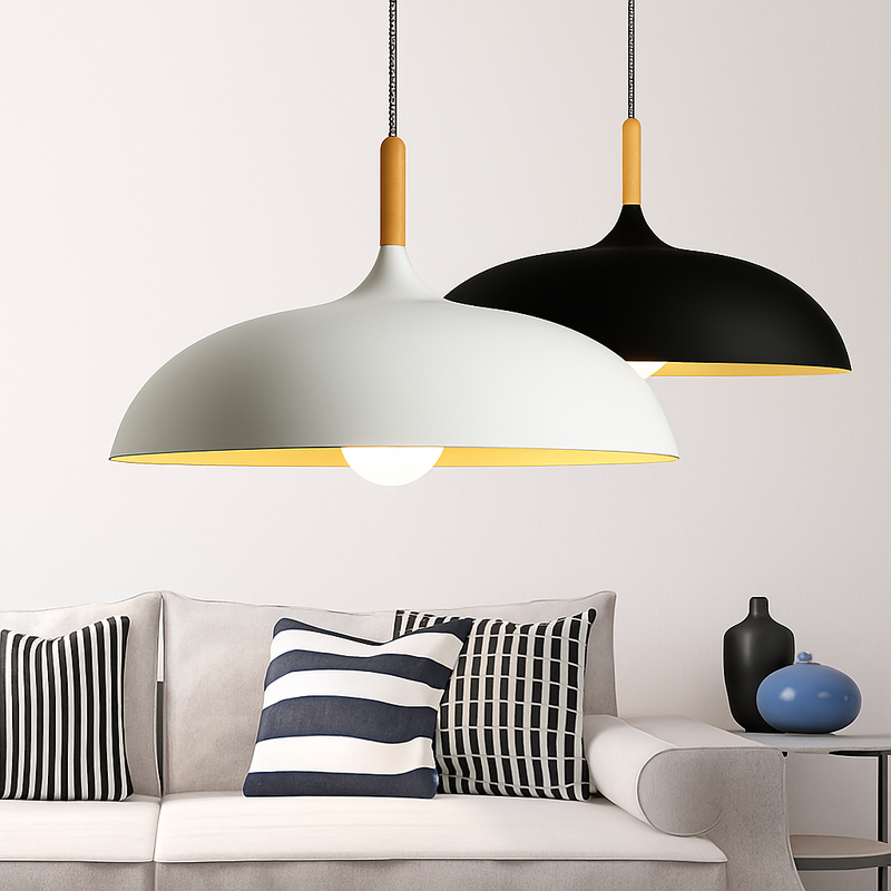 Colored aluminum pendant light with wooden stem