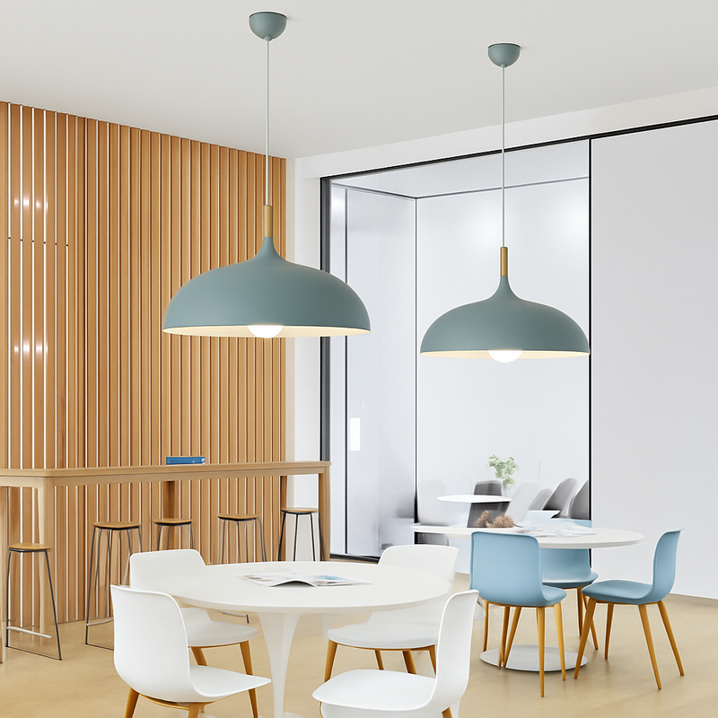 Colored aluminum pendant light with wooden stem