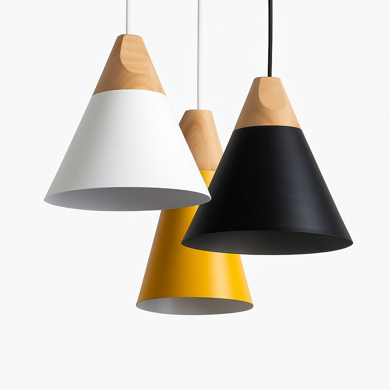 Suspension LED bois et aluminium en forme de cône