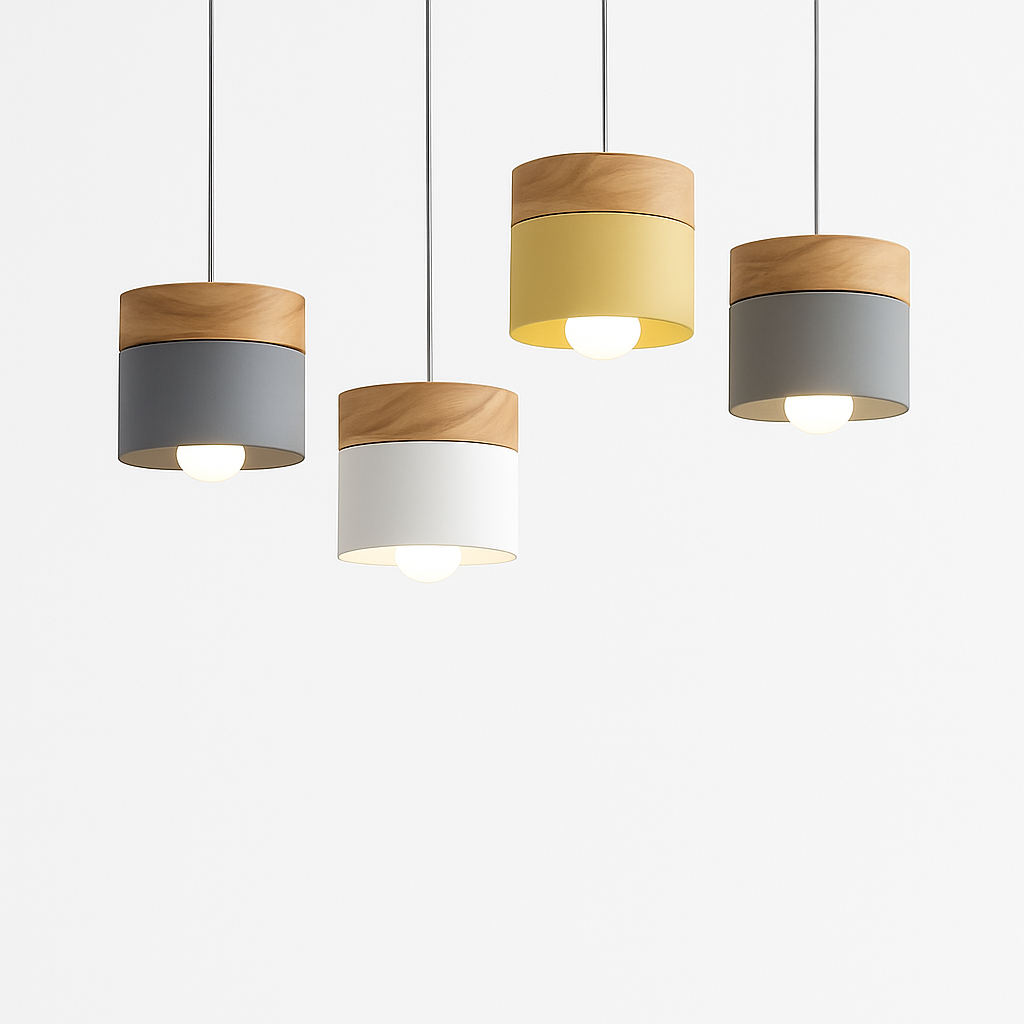 Suspension LED cylindrique en métal et bois Modern - vue 5 sur 6