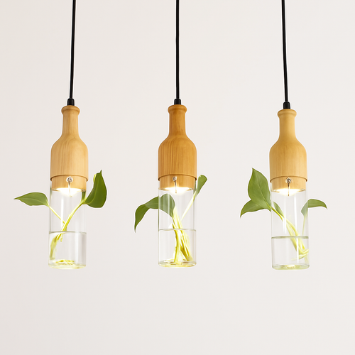suspension led industrielle en bois et verre pour plantes - vue 4 sur 10