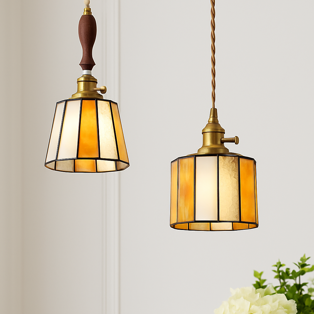 Suspension led vintage style japonais douille cuivre abat-jour verre - vue 3 sur 29