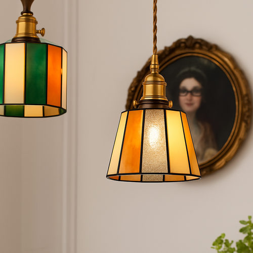 Suspension led vintage style japonais douille cuivre abat-jour verre - vue 5 sur 29