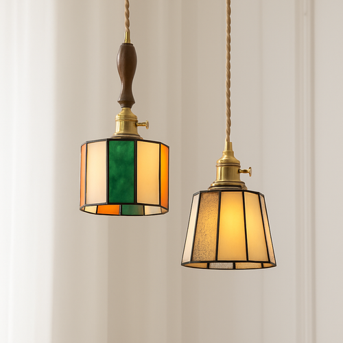 Suspension led vintage style japonais douille cuivre abat-jour verre - vue 6 sur 29