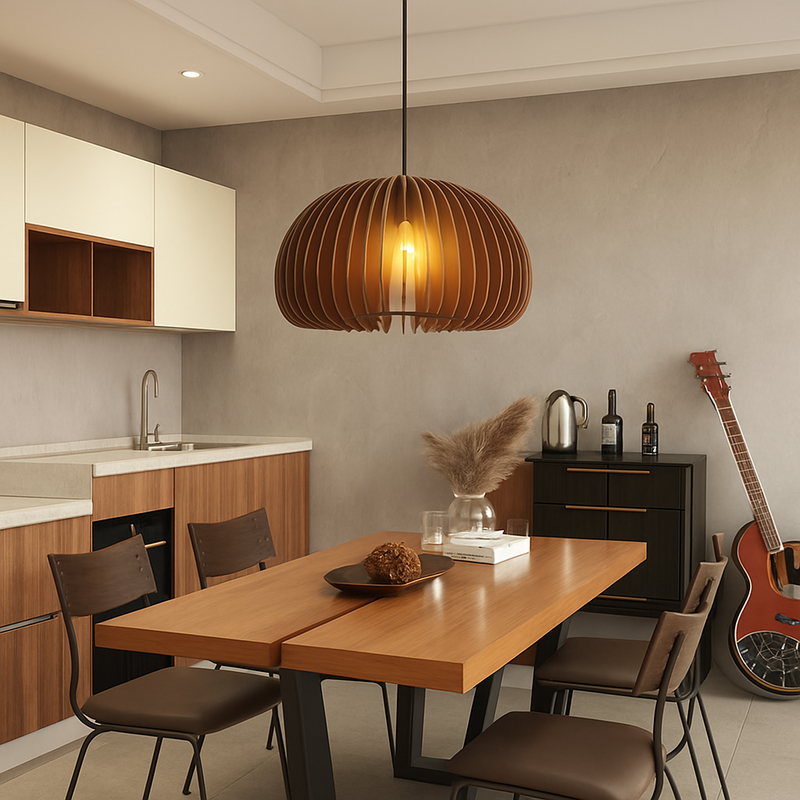 suspension lustre citrouille en bois naturel nordique éclairage