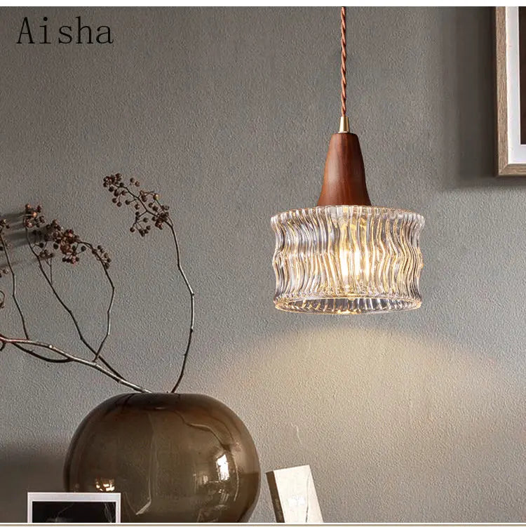 suspension nordique en verre cuivre et bois pour éclairage décoratif