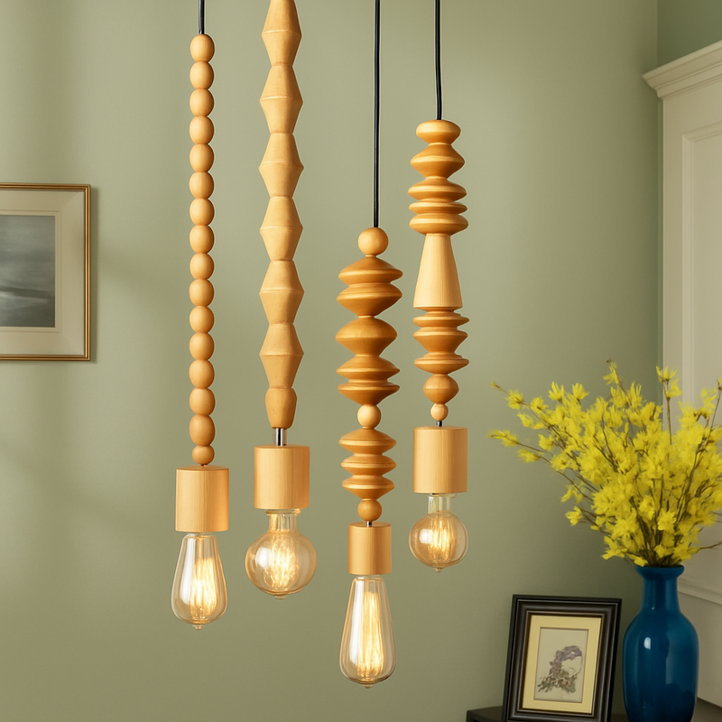 suspension rétro en bois de chêne avec perles géométriques