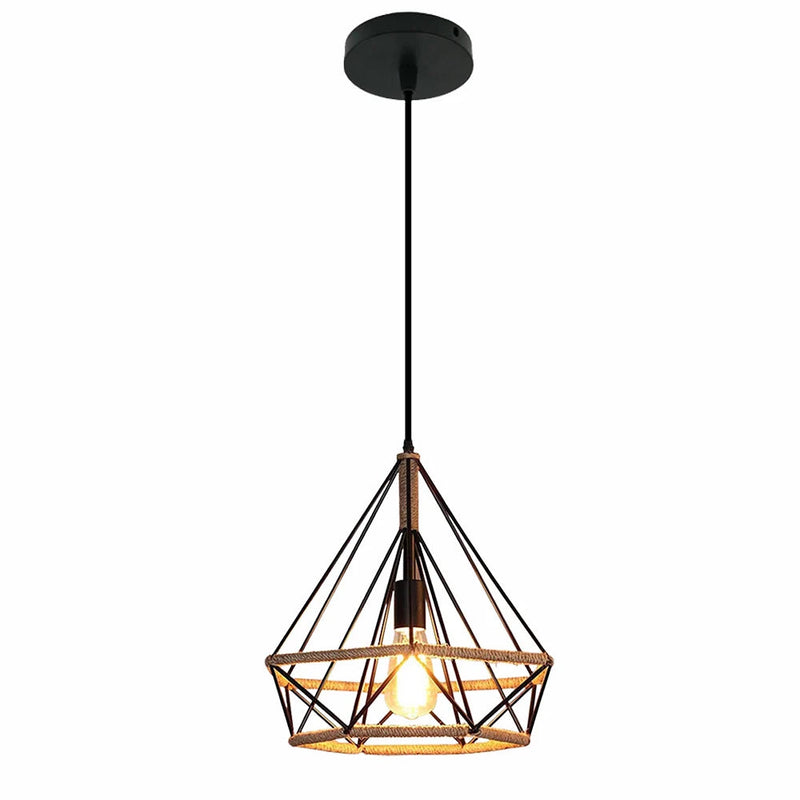 Suspension En Corde De Chanvre Et Métal Peint - Luminaire Design Industriel - Fait Main