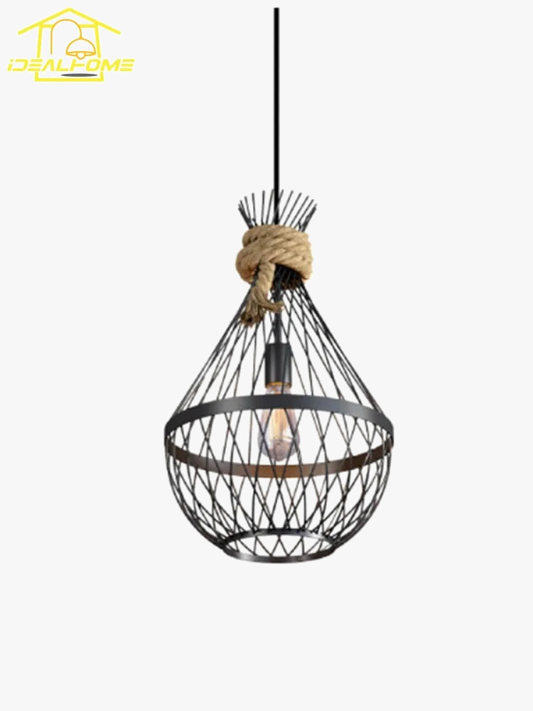 suspension vintage en corde de chanvre et fer à led décorative
