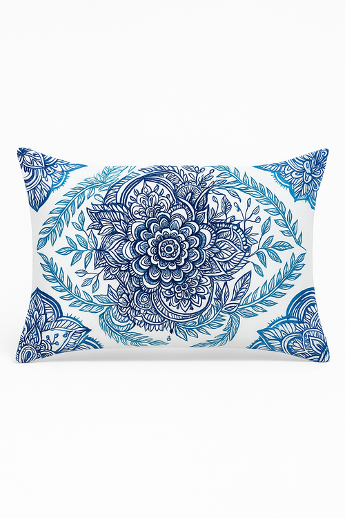 taie d'oreiller rectangulaire à motif fleurs et feuilles bleues