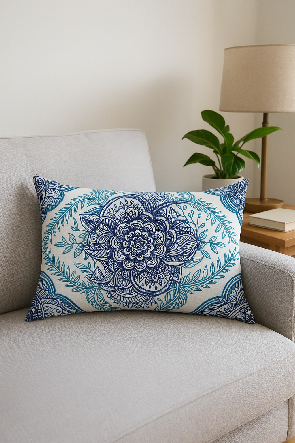 taie d'oreiller rectangulaire à motif fleurs et feuilles bleues