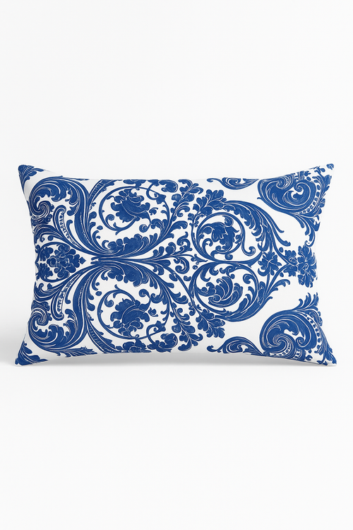 taie d'oreiller rectangulaire fleurs et feuilles bleues décoratives