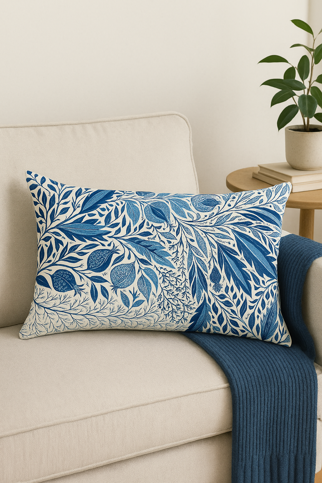 taie d'oreiller rectangulaire fleurs et feuilles bleues décoratives - vue 3 sur 2