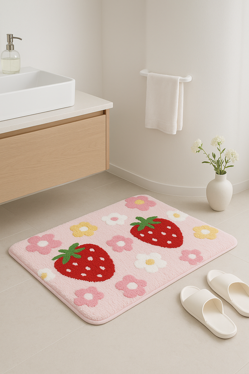 Tapis de bain moelleux motif fraise microfibre rapide
