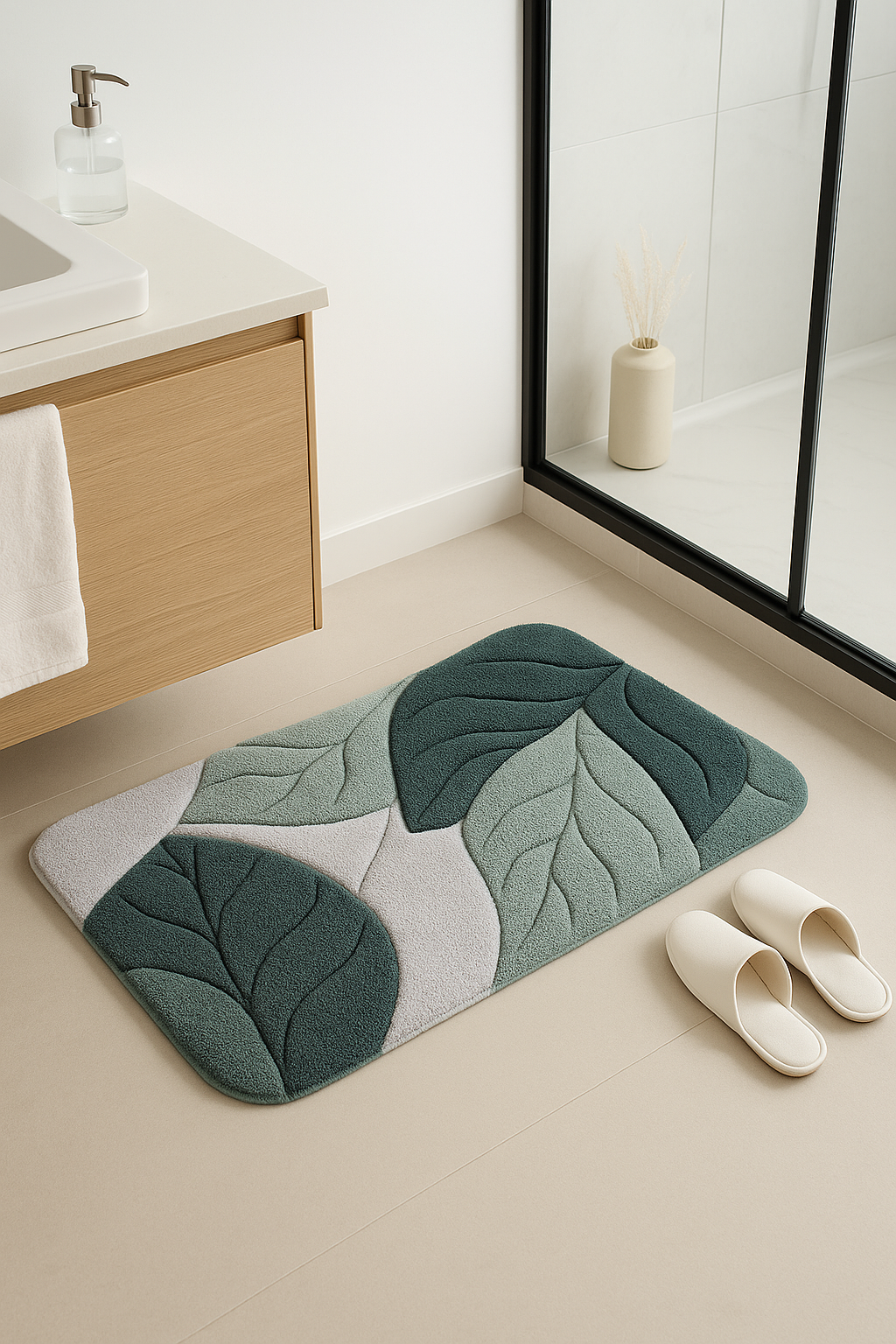 Tapis de bain style nordique motif feuilles antidérapant