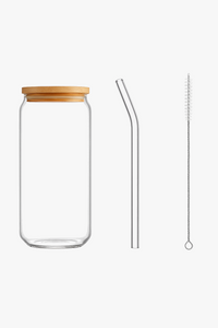 Tasse verre forme canette couvercle bambou paille