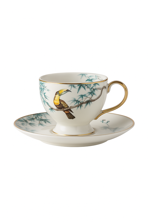 Tasses et soucoupes céramique motif fleurs oiseaux