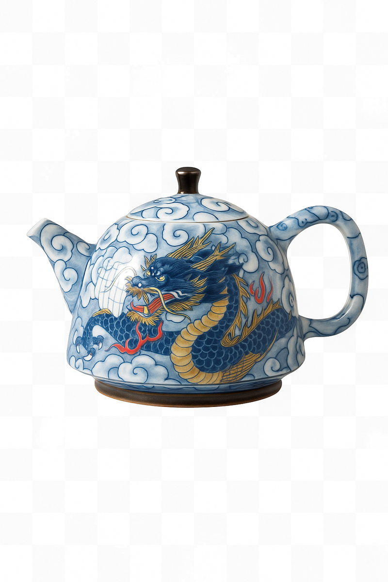 Théière chinoise porcelaine décor sous couverte infuseur