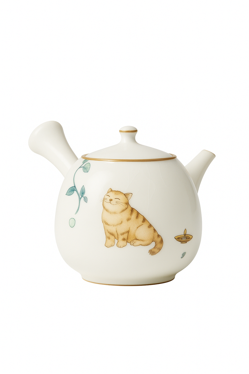 Théière ru kiln chat mignon poignée latérale céramique