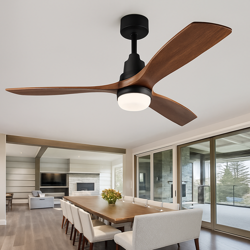 ventilateur de plafond bois 3 pales avec lumière et télécommande - vue 2 sur 8