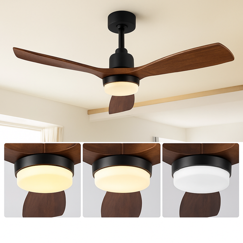 ventilateur de plafond bois 3 pales avec lumière et télécommande - vue 6 sur 8