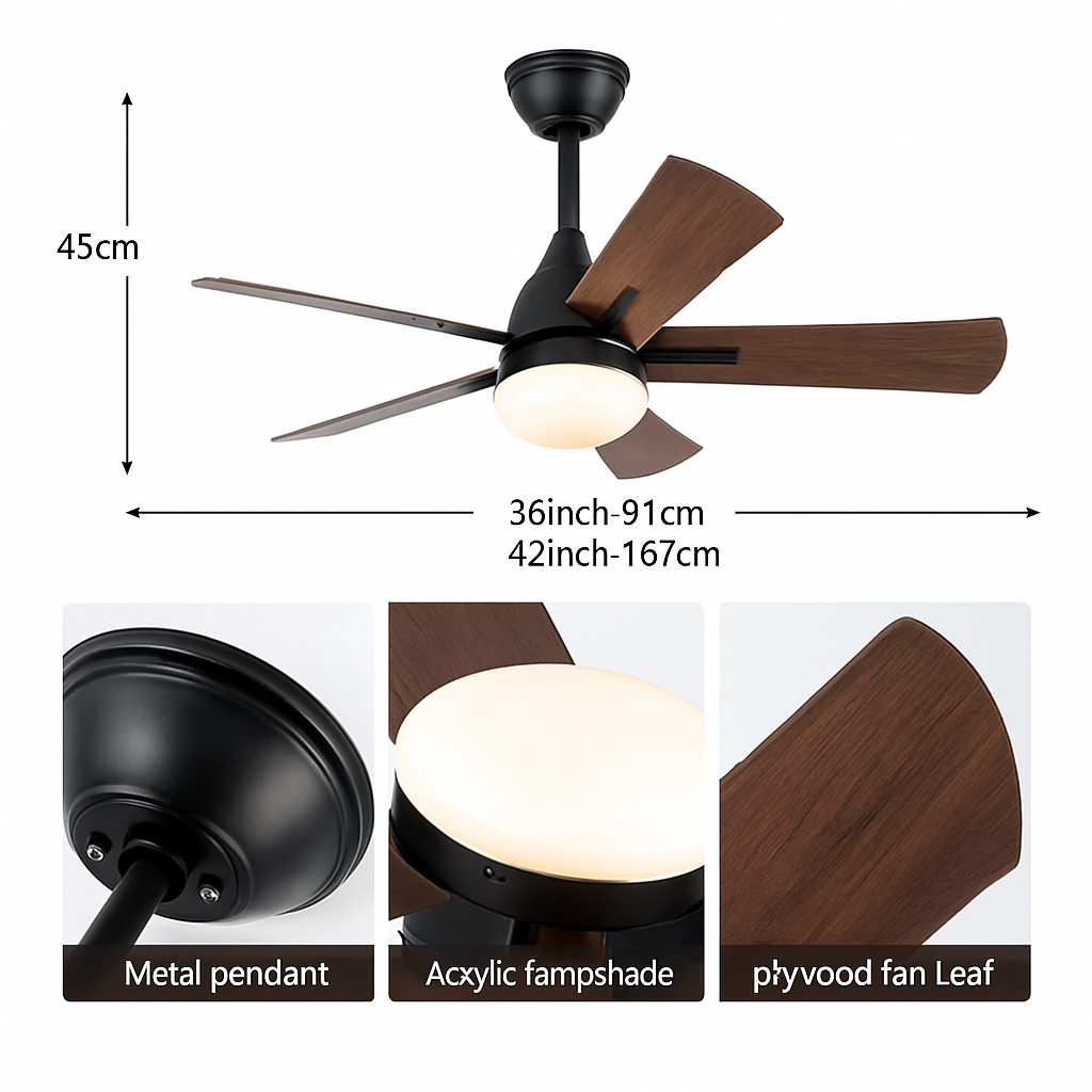 ventilateur de plafond moderne en bois avec télécommande et lumière - vue 3 sur 8