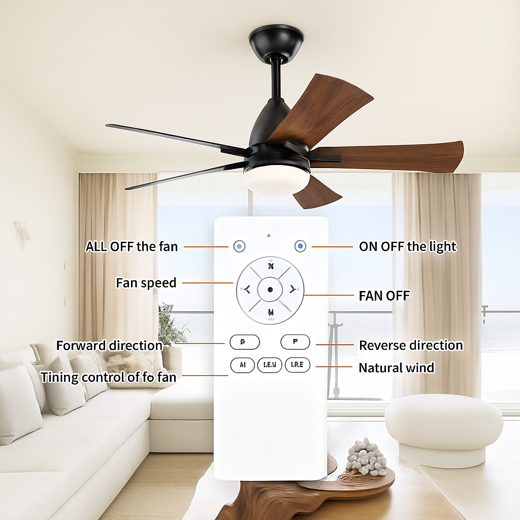 ventilateur de plafond moderne en bois avec télécommande et lumière - vue 6 sur 8