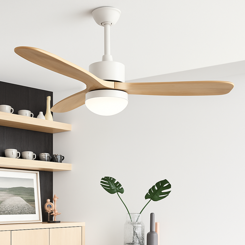 ventilateur de plafond nordique à lumière télécommandée en bois et métal - vue 4 sur 12