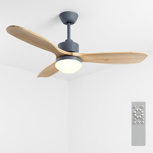 ventilateur de plafond nordique à lumière télécommandée en bois et métal - vue 2 sur 12