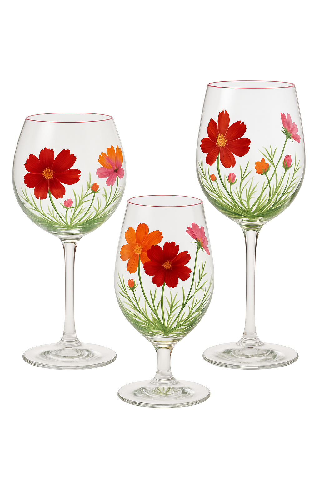 Verres à vin hauts motifs floraux peints main