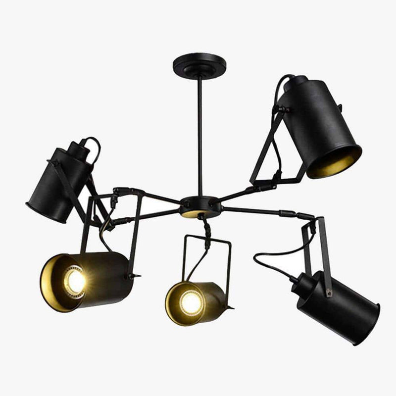Retro LED chandelier in black metal with several Spotlights cylinders Loft