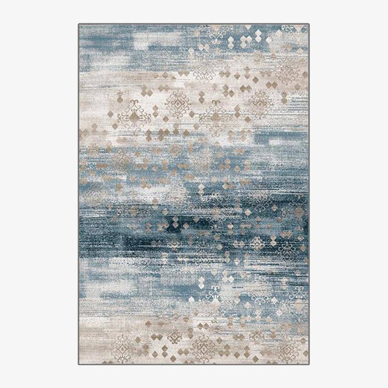 Moderna alfombra rectangular beige y azul, de estilo abstracto