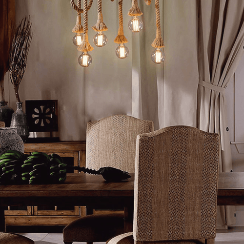 Suspension rustique LED avec support en bambou et cordage Decor