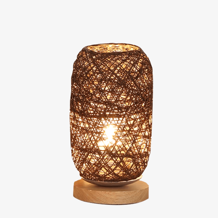 Rattan LED table lamp with wooden base and lampshade