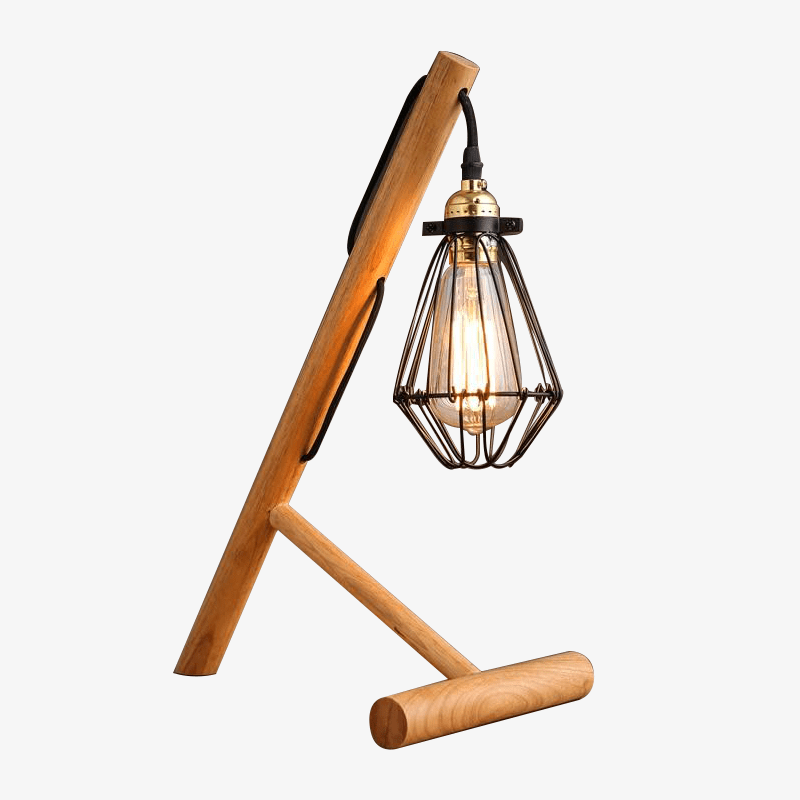 Desk or bedside lamp with wooden foot and metal cage lamp