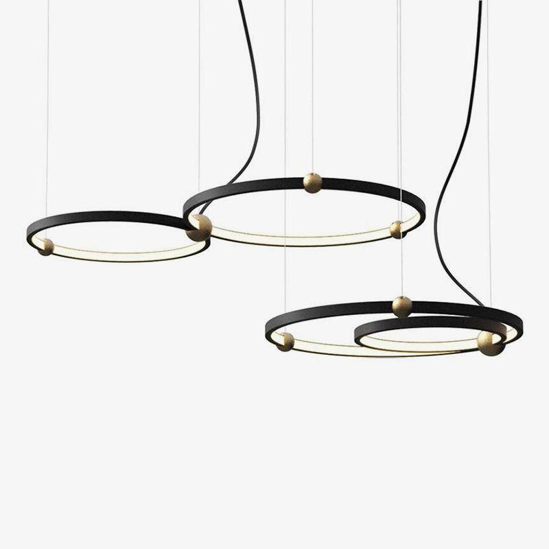 Design chandelier with LED rings and golden balls