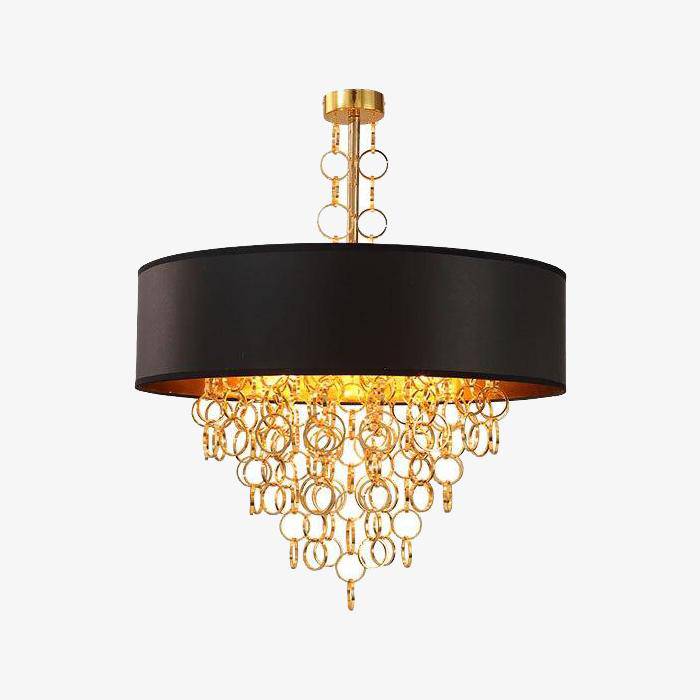 Modern chandelier with lampshade round black and gold details