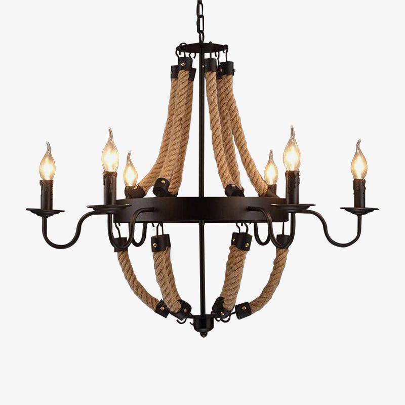 Rustic metal and rope chandelier with flame lamps