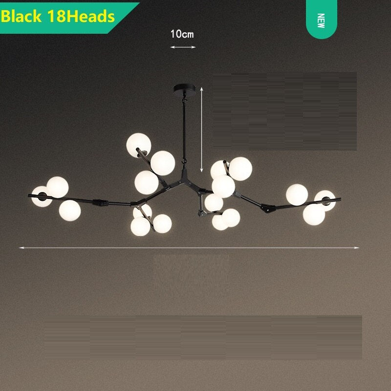 Modern LED chandelier with metal branches and Yolan glass lamps