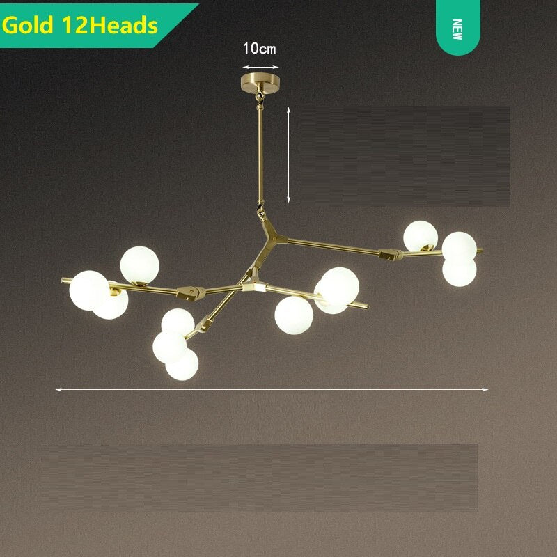 Modern LED chandelier with metal branches and Yolan glass lamps