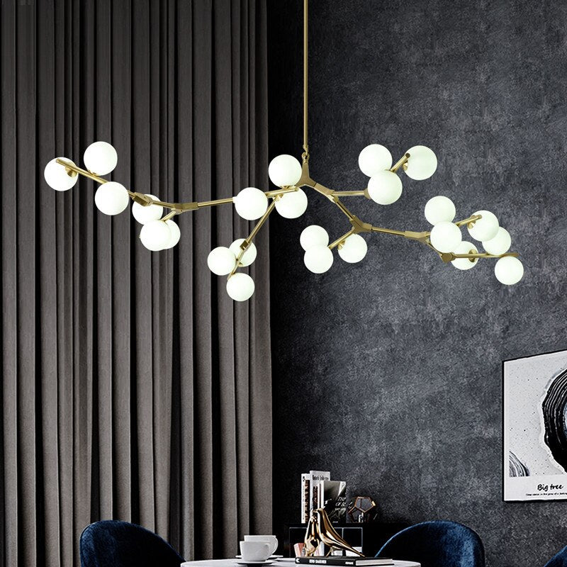 Modern LED chandelier with metal branches and Yolan glass lamps