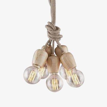 pendant light with 5 wooden lamps suspended on ropes