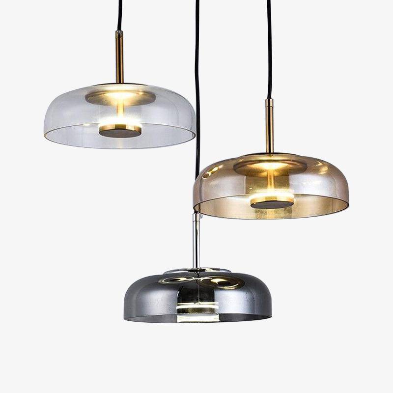 Suspension design en verre fumé et tige dorée Amber
