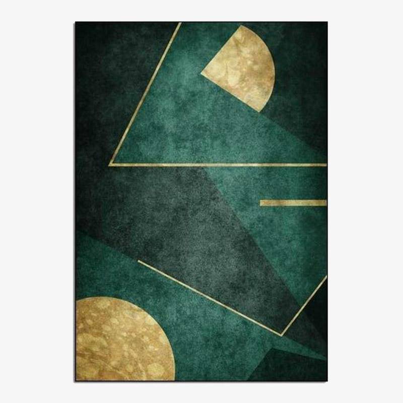 Rectangular carpet with green and gold geometric shapes