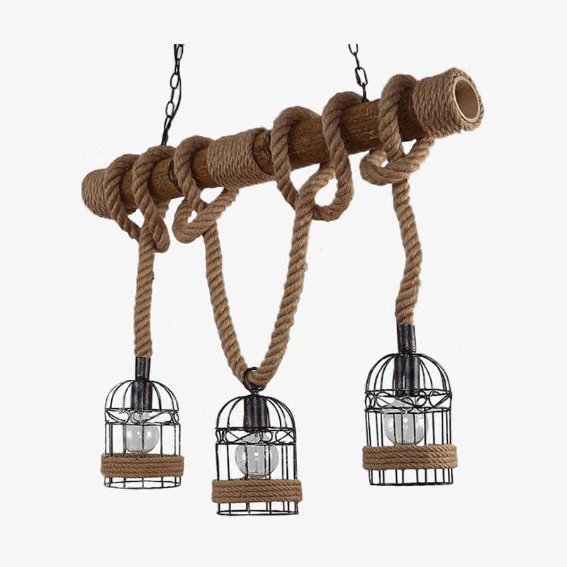 Suspension rustique LED en bois avec corde et plusieurs cage en métal style rétro