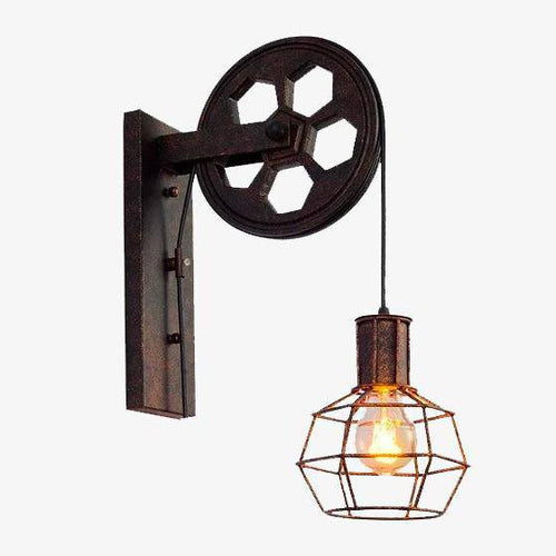 Applique murale rustique poulie avec cage industrielle