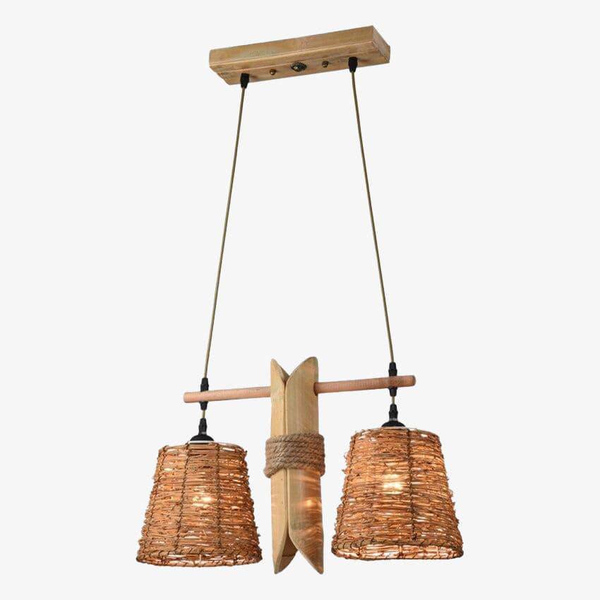 Suspension rustique LED avec deux abat-jours en rotin