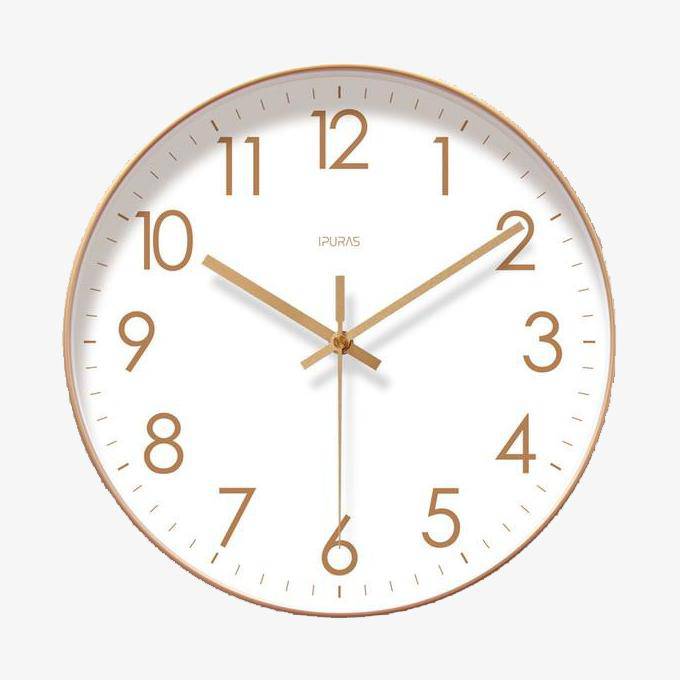 Reloj de pared redondo con números de minutos en oro rosa